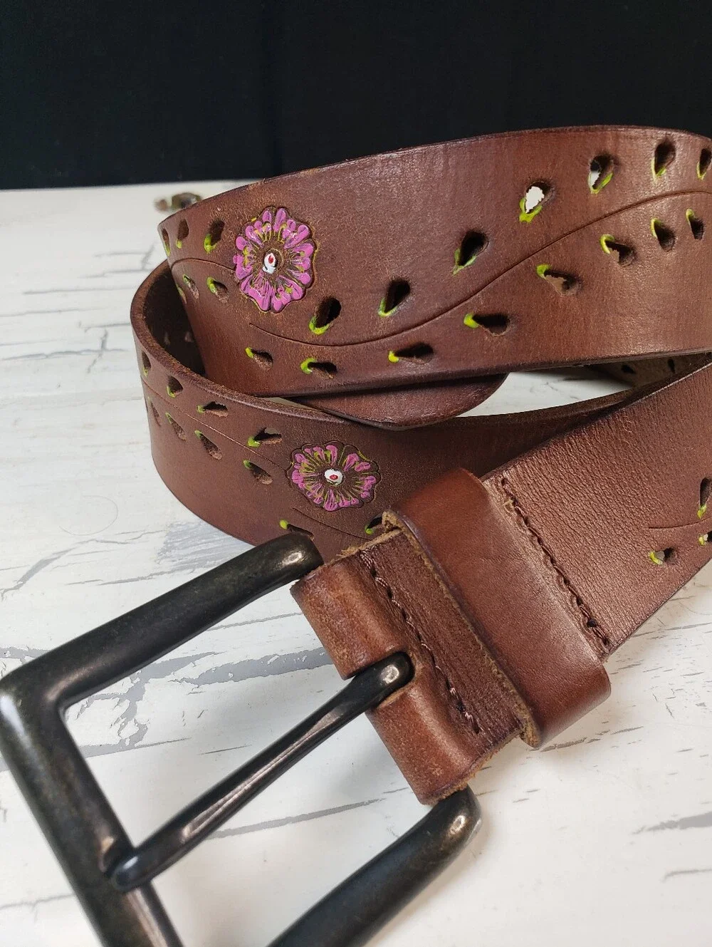 Handpainted Floral Vine Motif  Leather Belt in Brown in size XL